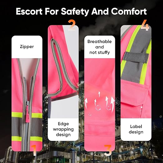 Hi Vis Safety Vest for Women, Working Drawstring waist Construction Vest with Pockets and Zipper (US, Alpha, 6X-Large, Regular, Regular, Pink