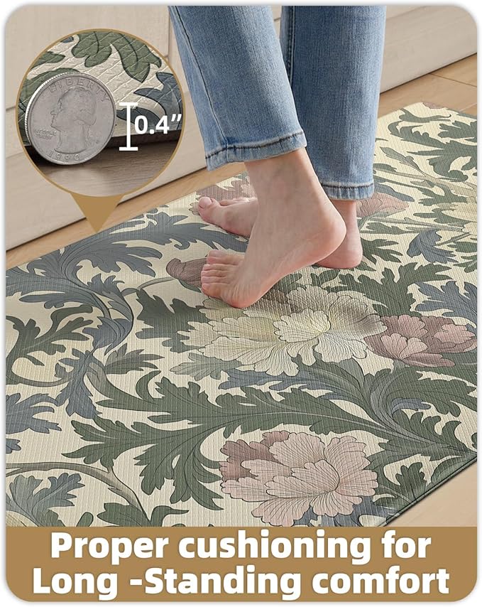 Color&Geometry Floral Kitchen Mat 24"x59", Anti Fatigue Mats for Kitchen Floor, Kitchen Rugs Non Slip, Waterproof & Oil Proof Kitchen Runner for Standing Desk Office, Sink - Floral Beige
