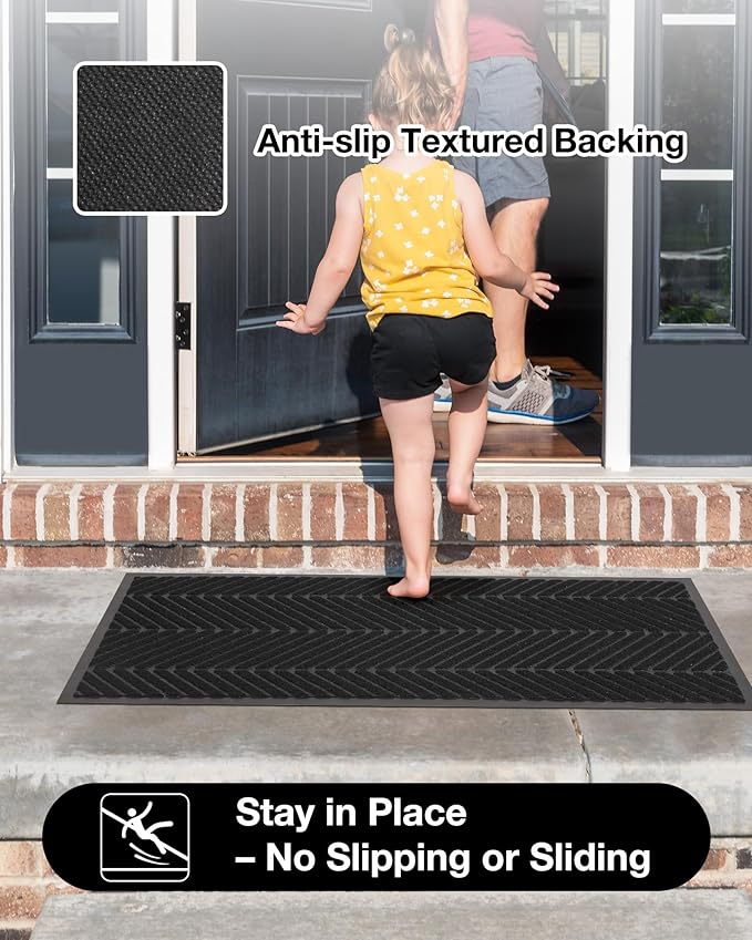 16" x 32" Black Front Door Mat Indoor Outdoor, Low Profile Welcome Doormat for Entrance, Waterproof All-Weather Entry Mat for High Traffic Area