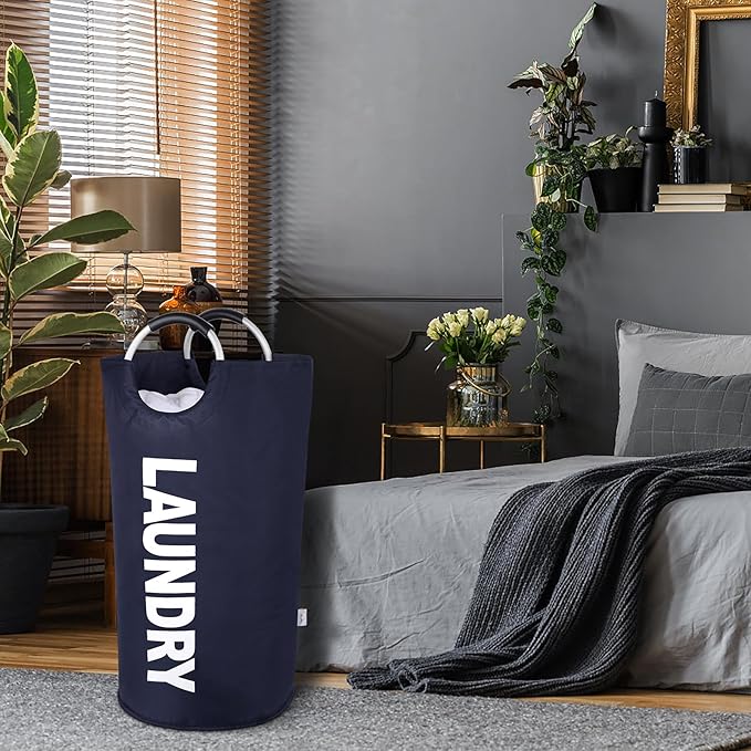 Large Laundry Basket Collapsible，Freestanding Clothes Hamper Bag with Handles – Tall Folding Dirty Laundry Bin，Sturdy Laundry Sorter for College Dorm，Laundry Room – 95L (Navy Blue)