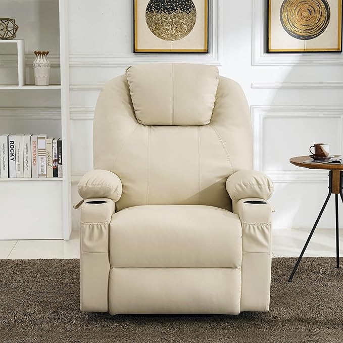 MCombo Large Power Lift Recliner Chair with Massage and Heat for Tall Elderly People, 3 Positions, Cup Holders, and USB Ports, Faux Leather 7516 (Large, Cream White)