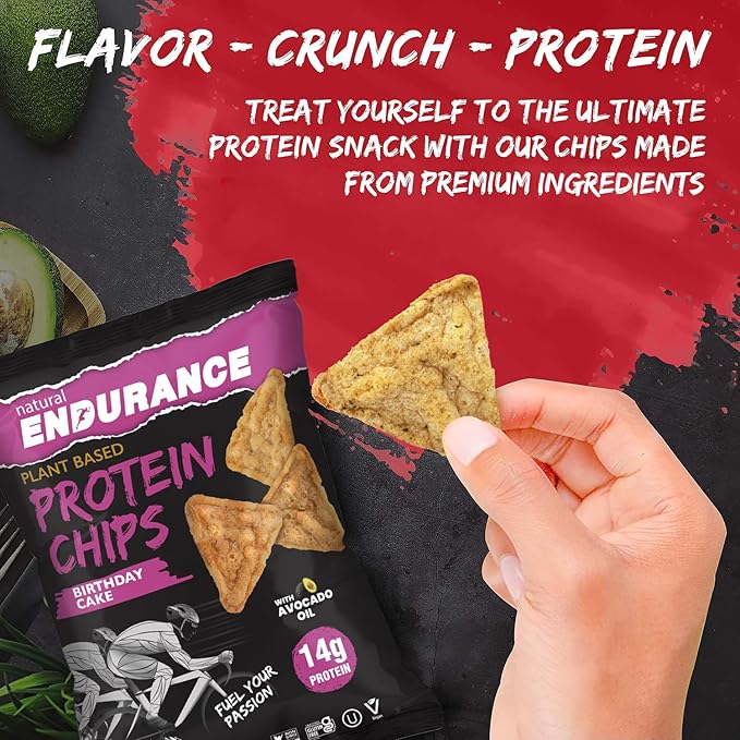 Natural Endurance Protein Chips - Low Carb Chips, High Protein Snack, Vegan Protein with Avocado Oil, 14g Protein Per Bag, Gluten Free, Birthday Cake Flavor - 1.38 oz Bags (Pack of 12)