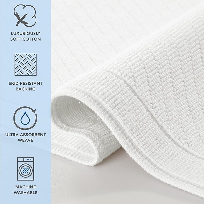 Arkwright 100% Cotton Bathroom Rug - High Absorbent Stylish Textured Woven Design Bath Mat, Slip Resistant Backing for Shower and Bathtub Floor, 20x32 in - White