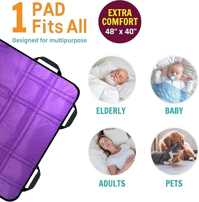 Upgraded 3-Layer Comfort Positioning Bed Pad with Handles Washable Waterproof Transfer Board for Turning Moving Patient Inconvenience Care Transfer Sheet, 48" x 40", Large, Lavender Purple