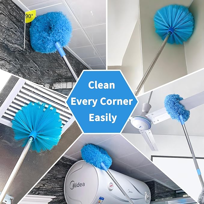 Ceiling Fan Cleaner Duster & Cobweb Duster with Extension Pole 15" -100" Reusable Microfiber Ceiling Fan Blade Cleaner Removable Duster (Blue) for Cleaning High Ceiling Fan Interior Roof Spider Web