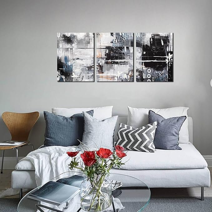Abstract Wall Art for Living Room - Modern Black and White Wall Art for Bedroom - Home Office Wall Decor Size 12" x 16" x 3 Piece
