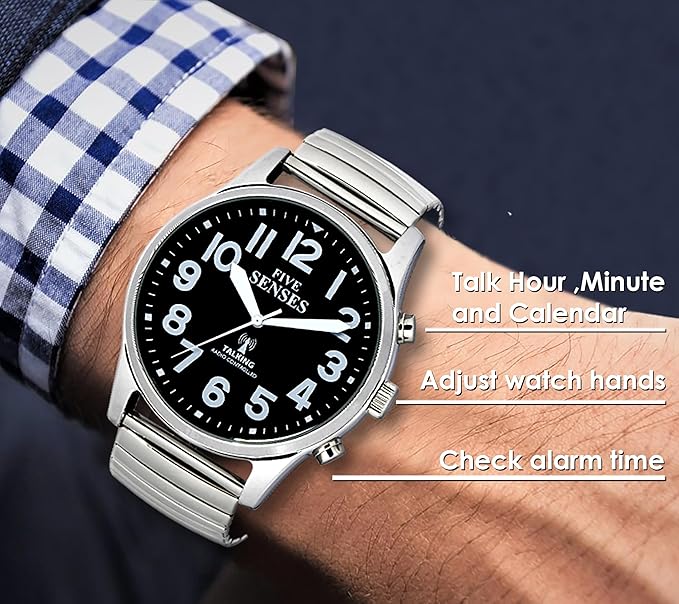 FIVE SENSES English Atomic Jumbo Size (43mm /1.75in) Metal Talking Watch with Loud Alarm Clock for Visually impaired, Elderly Person 1523 (Black)