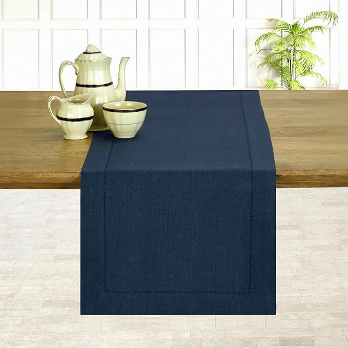 D'Moksha Homes Linen Navy Blue Table Runner 60 Inches - Classic Hemstitch, 100% Pure Linen Coffee Table Runner 14 x 60 Inch Ideal for Dresser Tables - Easter