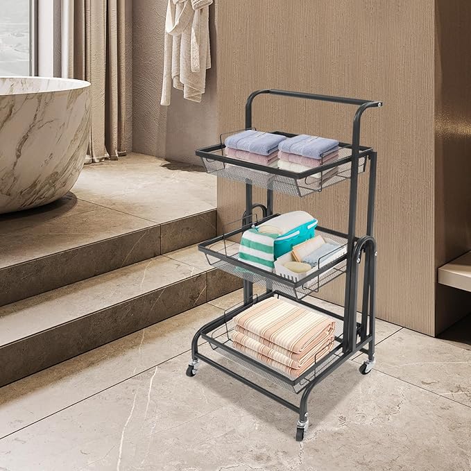 3 Tier Rolling Utility Cart with Wheels, Metal Rolling Foldable Storage Shelves, Adjustable Tilt Angle Storage Organizer for Living Rooms, Kitchens, Bathrooms (Black)