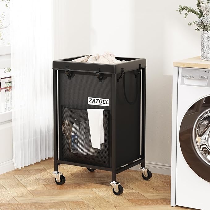 42 Gal Laundry Basket with Wheels, Heavy Duty Rolling Laundry Hamper, Oxford Fabric Dirty Clothes Hamper with Thick Iron Frame & Removable Bag, Large Hampers for Bathroom Bedroom Aesthetic, Black