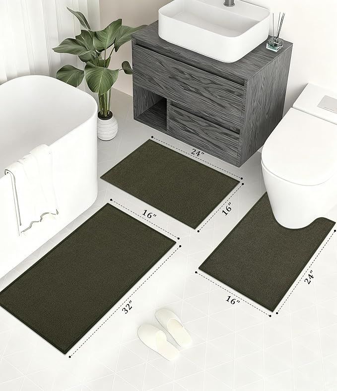 YIHOUSE Bathroom Rugs Mats Sets 3 Pieces, Ultra Thin Bath Mat Absorbent Non Slip Bath Rugs for Bathroom Washable, Shower, Sink, Laundry (Dark Green, 3 Pieces)