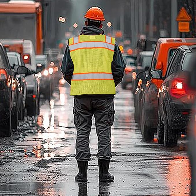 A-SAFETY High Vis Reflective Safety Vest for Men Women Zipper Ipad Pockets Mesh Construction Apparel Neon Vest for Work
