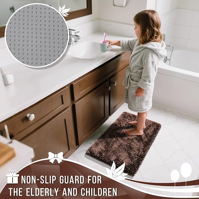 Yimobra Bathroom Rugs Sets 2 Piece, Soft Absorbent Bath Mat and U-Shaped Toilet Rug with Non Slip Backing, Luxury Shaggy Bath Mats for Bathroom, Machine Washable, 24"x17"+24"x20", Brown