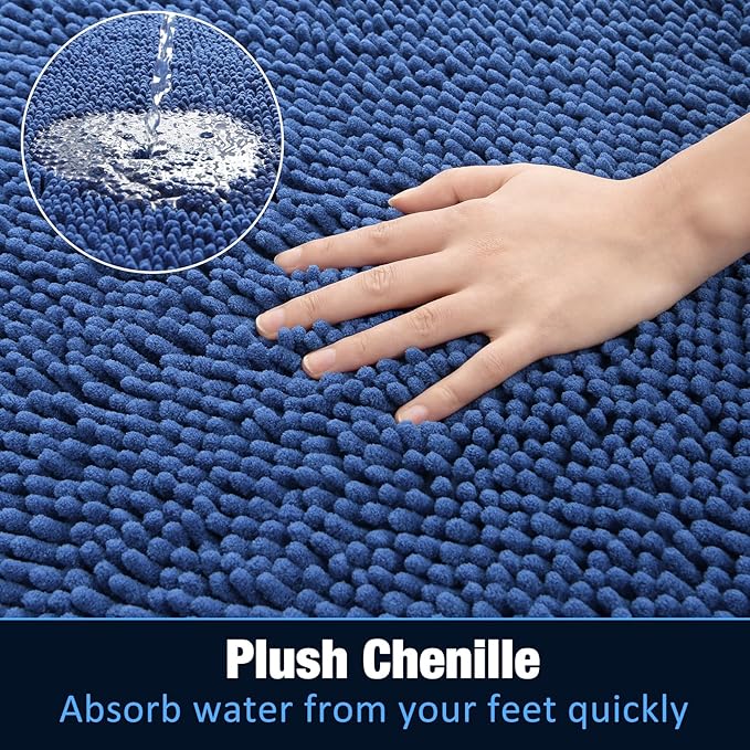 LOCHAS Luxury Bathroom Rug Shaggy Bath Mat 24 x 36 Inch, Washable Non Slip Bath Rugs for Bathroom Shower, Soft Plush Chenille Absorbent Carpets Mats, Blue