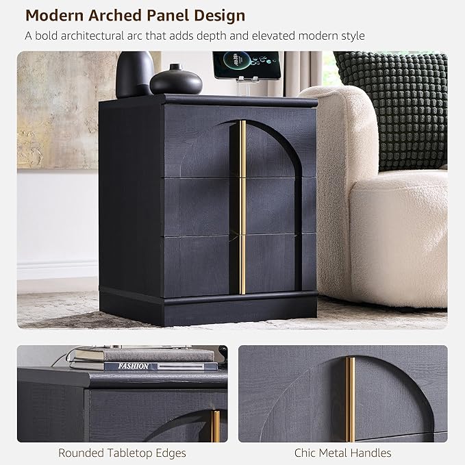 ACCOHOHO Modern Night Stand Set 2 with Arched Panel, 18" Nightstand with Charging Station, Side Table with 3 Storage Drawers, Wood Square Bedside End Table for Bedroom Living Room, Black