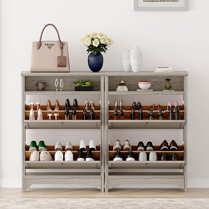 Chogori Solid Wood Shoe Storage Cabinet for Entryway - Narrow Freestanding Shoe Organizer with 2 Flip-Up Drawers, Hallway Shoe Rack with Sturdy Wooden Legs for Foyer, Living Room (1, Charcoal Gray)