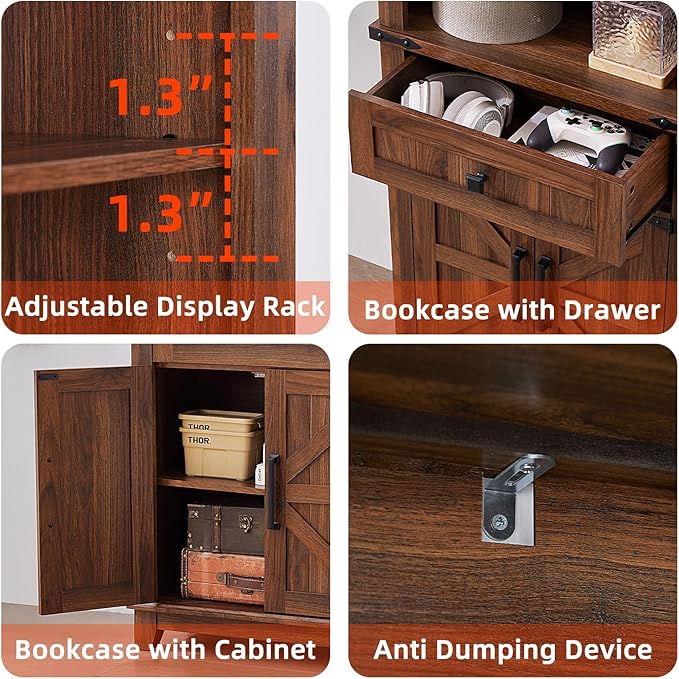 72in Tall Bookshelf 7 Tier Bookcase with Drawer and Barn Doors and Adjustable Shelves, Brown Farmhouse Book Shelf with Storage Cabinet, Wood Freestanding Display Bookshelves for Kitchen (4PCS)