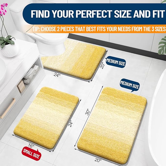 OLANLY Bathroom Rug Set 2 Piece, Soft Absorbent Microfiber Bath Rug Set, Non-Slip, Machine Wash Dry, Plush Shaggy Bath Mats for Bathroom (30"x20"+24"x16", Yellow)