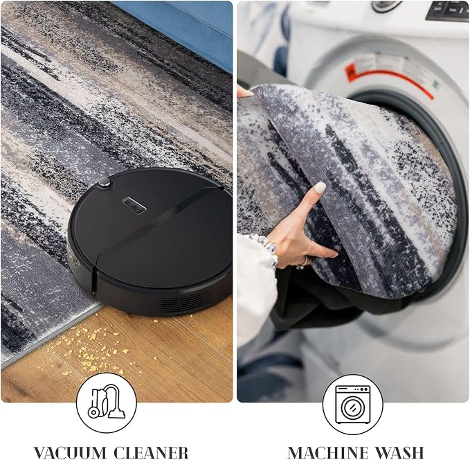 Modern Abstract Runner Rug 3x8, Grey Black Multi Washable Kitchen Runner Non-Slip Soft Hallway Rug Runner Thin Print Faux Wool Carpet for Entryway Bedroom Laundry Room Indoor Home Office Decor