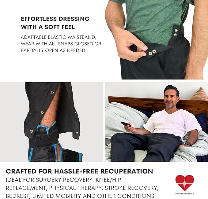Inspired Comforts Unisex Tearaway Post Surgery Recovery Pajama Pants with Side Snaps & Pockets