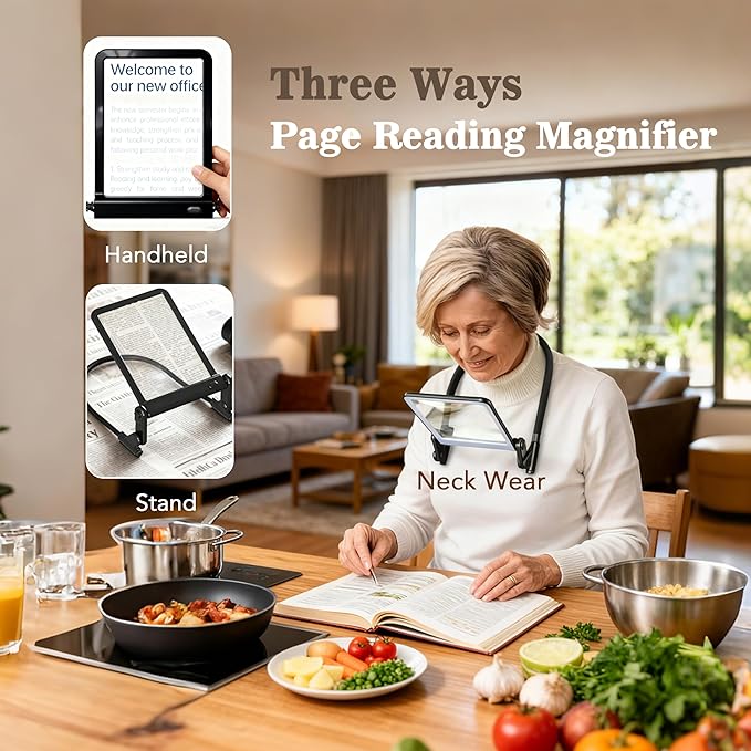 Magnifying Glass with Light for Reading,Hands Free Page Reading Magnifier for Books with 3 Color Dimmable, Neck Wear Large Screen Stand Glasses for Close Work Seniors Low Vision Rechargeable