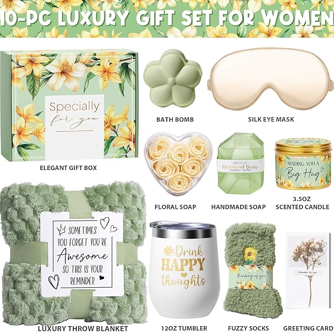 Birthday Gifts for Women Self Care Gift, Vanilla Coconut Relaxing Spa Gift Basket Bath Set Get Well Soon Care Package Valentines Day Gifts for Her Mom Women Sister Friend Wife Grandma w/ Blanket