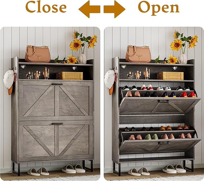Shoe Cabinet with 2 Flip Drawers, 45" Freestanding Narrow Wood Shoe Storage Cabinet with Metal Legs and Hooks, Slim Shoe Rack Organizer for Entryway, Hallway, Grey