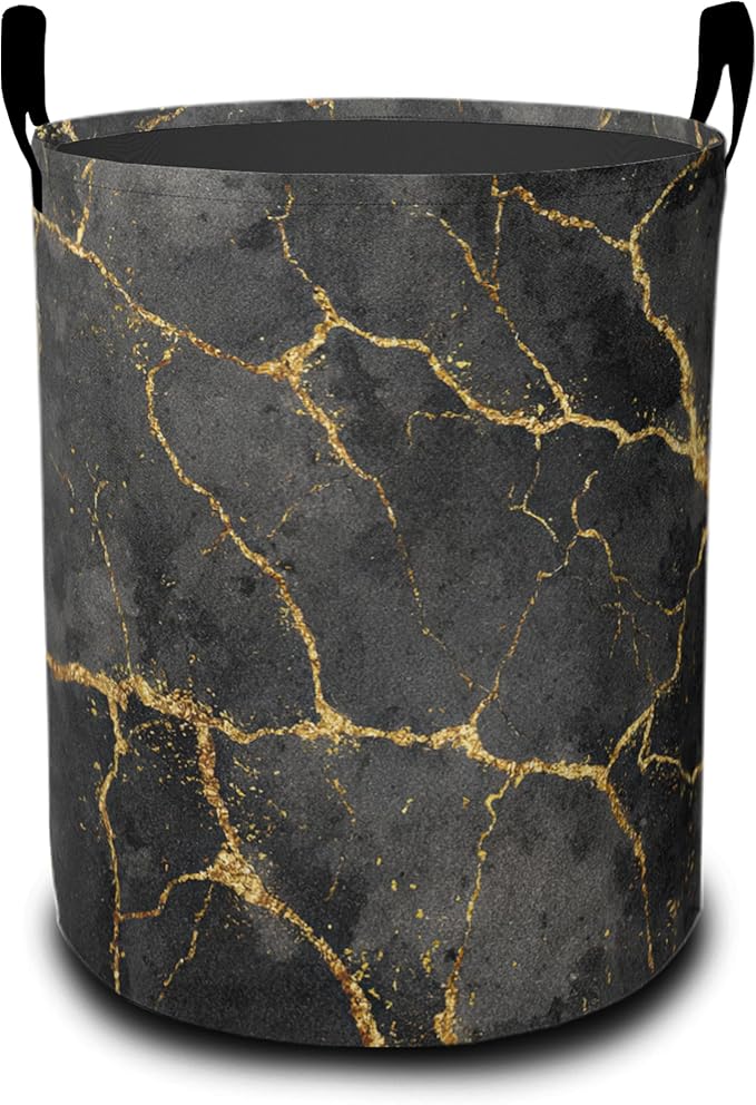 Laundry Basket,Black Gold Marble Large Canvas Fabric Lightweight Storage Hamper Organizer Dirty Clothes Collapsible Waterproof for College Dorms,Bathroom
