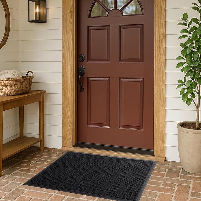 Front Door Mat 36"x24" Indoors Outdoors Welcome Mats, Waterproof Non-Slip Rubber Backing Heavy Duty Doormat Outside Entrance, Low Profile Entryway Rugs Floor Mat for Patio, Pattern B Black