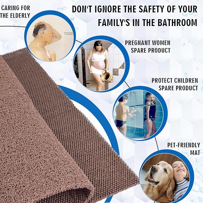 godehone Shower Mats Non Slip Without Suction Cups, PVC Loofah Bathroom Mats, Loofah Mats for Shower and Bathroom, Quick Drying, 15.7× 36 Inch, Brown