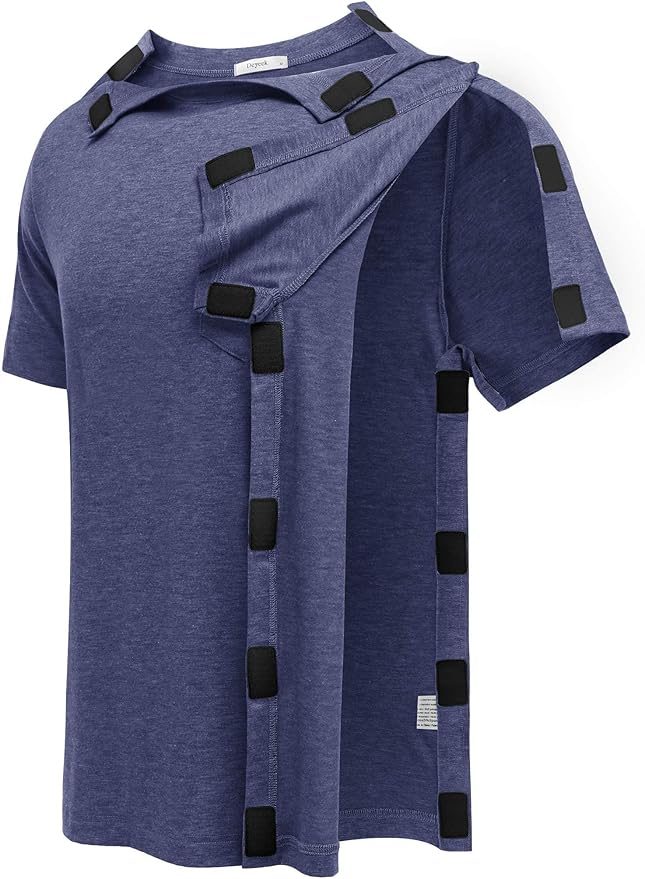 Deyeek Shoulder Post Surgery Recovery Shirts for Men Full Tear Away Short Sleeve T Shirt Adaptive Chemo Clothing