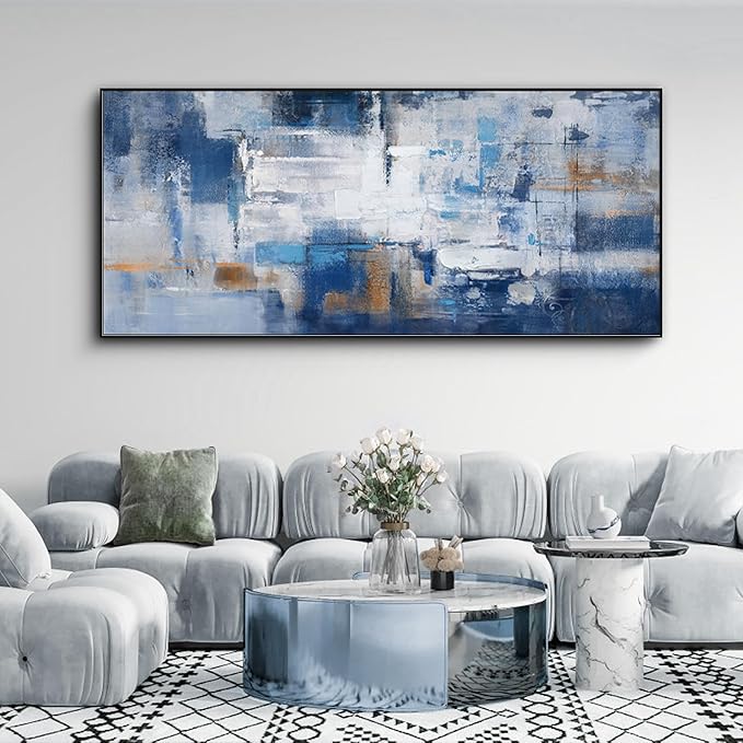 KLAKLA Living Room Wall Art - Navy Blue Abstract Large Paintings Artwork Picture Framed Canvas Bedroom Office Home Decoration Huge Art Work for Wall Decor - 70x31 Inches