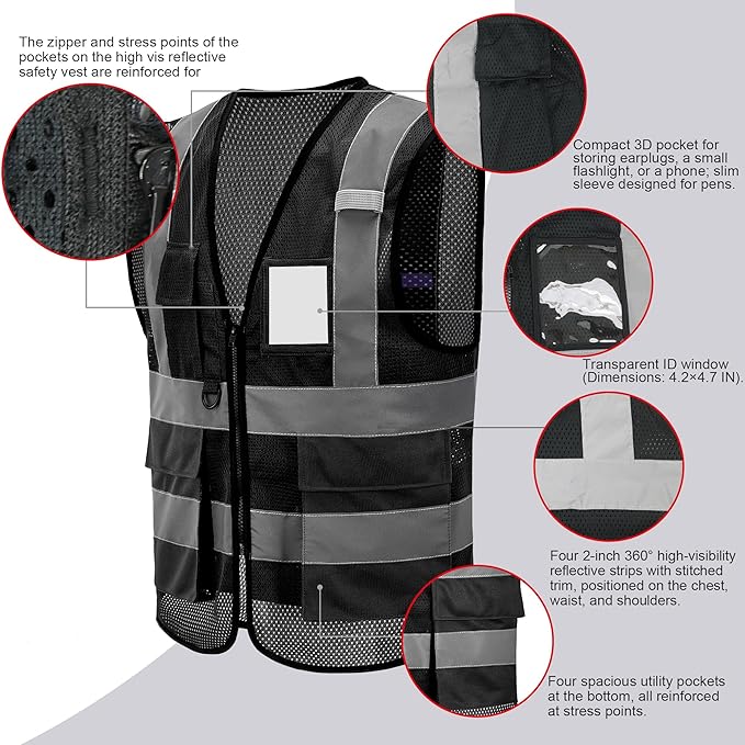 High Vis Safety Vest Reflective Strips, Multi-Pocket Design, Available in Yellow,Orange,black,Pink,blue,Red,purple