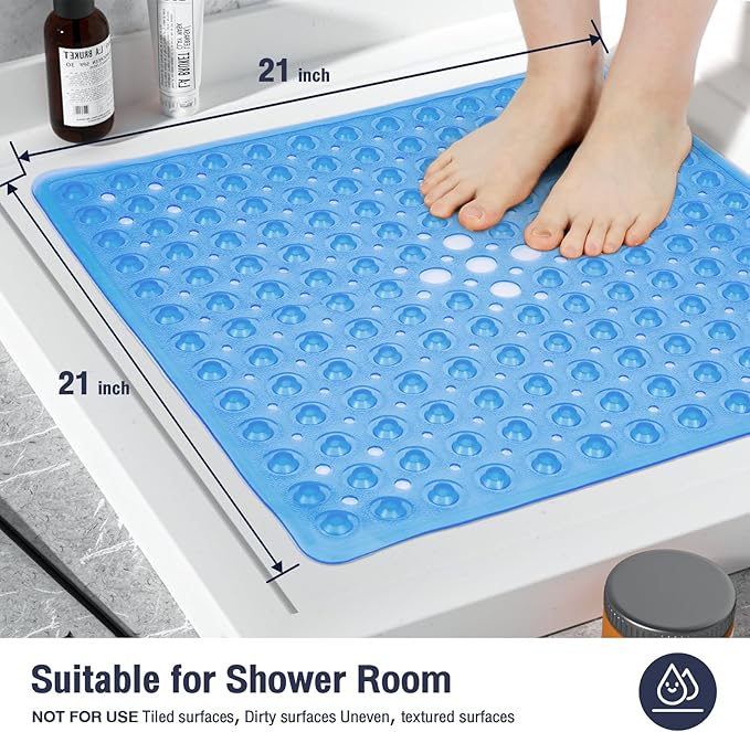 Square Shower Bathtub Mat Non Slip for Inside Shower Clear Blue 21x21 Inch, Shower Stall Mats for Bathroom Floor, Soft Bath Mat for Tub with Big Suction Cups Drain Holes, Easy Washable Dry