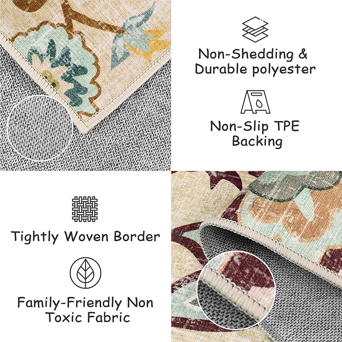 Beeiva Floral Rug Runners for Hallways, 2x5 Ultra Thin Beige Kitchen Runner Rug Washable, Vintage Plant Non-Shedding Bathroom Front Door Rug Non-Slip Hallway Runner Rug for Entryway Bedroom Kitchen