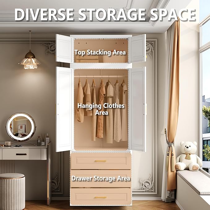 Metal Wardrobe Armoire with Three Drawers, 86“ Tall Wardrobe Closet with Hanging Rod, Freestanding Storage Closet with Doors and Shelves for Bedroom, White, Assemble Required