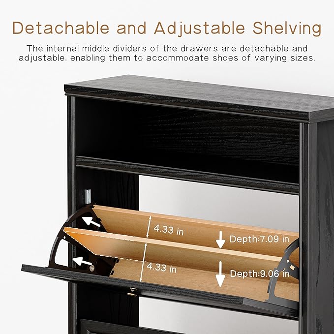 Chogori Solid Wood Shoe Storage Cabinet for Entryway - Narrow Freestanding Shoe Organizer with 2 Flip-Up Drawers, Hallway Shoe Rack with Sturdy Wooden Legs for Foyer, Living Room (2, Onyx Black)