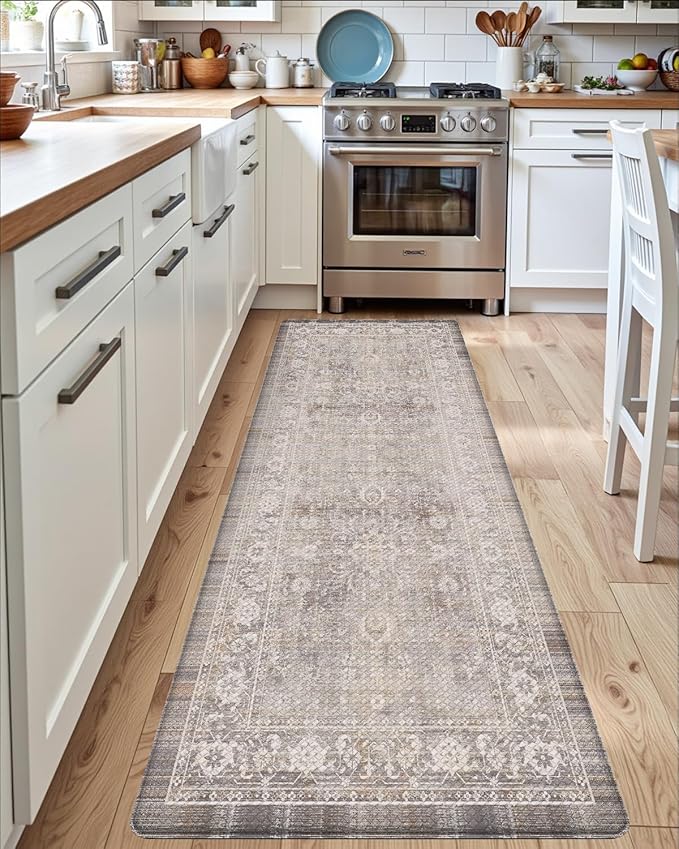 DEXI Kitchen Floor Mats Cushioned Anti Fatigue, 23x86 Long Wide Standing Comfort Runner Rug, Waterproof Retro Floral Memory Foam Padded for Front Sink Laundry, Beige Grey