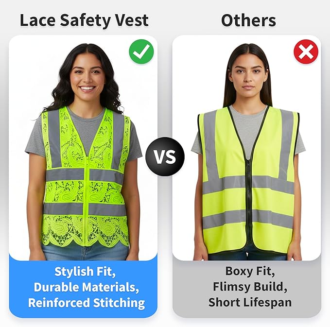 Lace-Mesh Safety Vest for Women & Men - Breathable, High Visibility Vest with Zipper & ANSI Class 2 Reflective Strips