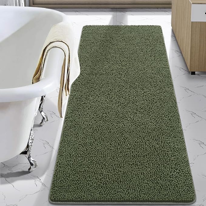 LOCHAS Luxury Bathroom Rug Shaggy Bath Mat 24 x 70 Inch, Washable Non Slip Bath Rugs for Bathroom Shower, Soft Plush Chenille Absorbent Carpets Mats, Olive Green