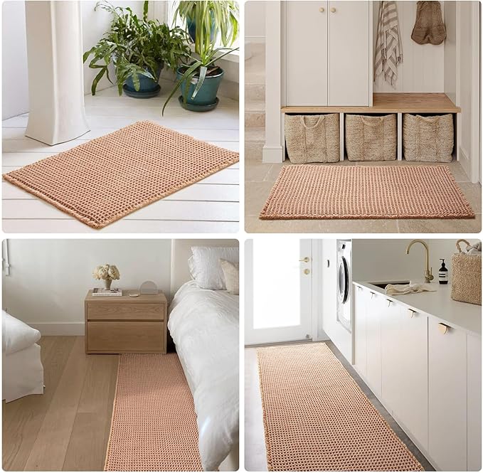 Waffle Runner Rug Bathroom, Long Boho Bathroom Rugs Non Slip Washable Super Absorbent Quick Dry Farmhouse Bath Decor, 72"x24" Light Peach