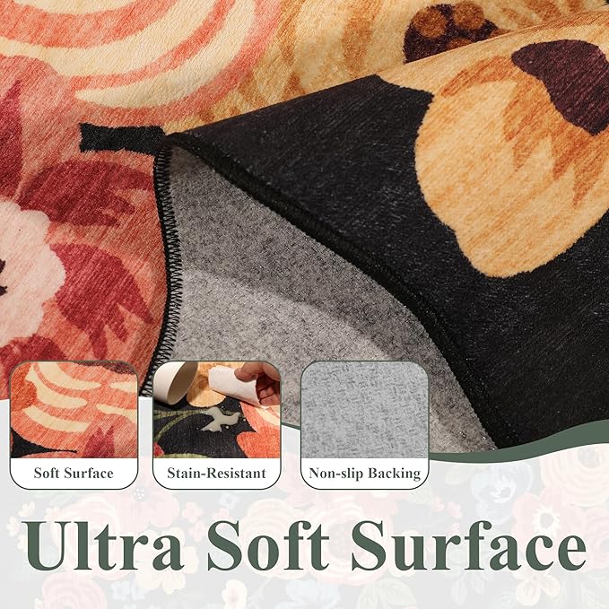 DUKINO 2x10 Runner Rug for Hallway, Washable Kitchen Rug with Non Slip Backing & Non-Shediing, Soft Low Pile Floral Design Runner for Bedroom, Kithchen, Living Room, Laundry, Bathroom, Black