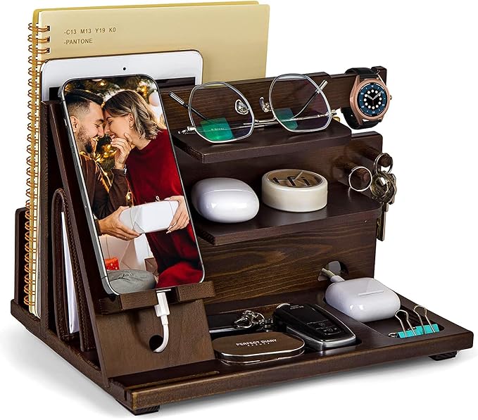 KOCWELL Wood Phone Docking Station, Gifts for Men, Nightstand Organizer Wood for Phone Tablet Earphones Watch Wallet Rings Pens Keys Notebook etc, Birthday Gifts for Men Husband Dad Boyfriend