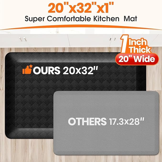 StepRite 1” Thick Kitchen Mats for Floor, Anti Fatigue Kitchen Rugs, Non-Slip,Heavy Duty Waterproof Kitchen Rug, Standing Desk Mat，Xmas Decor，Gifts for Friends, Family, Home, Kitchen, Office, (Black)