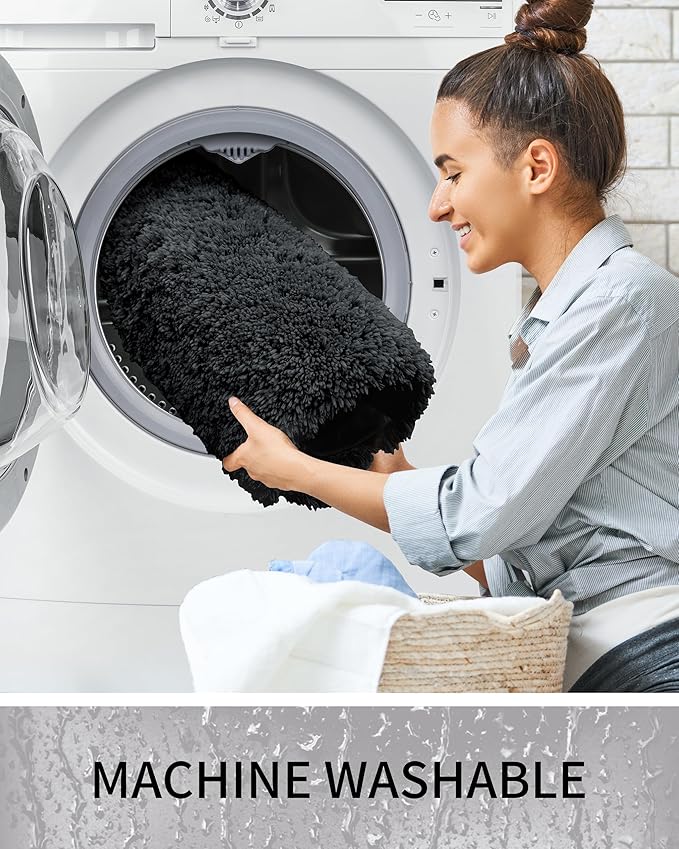 Bathroom Rugs 59x24, Ultra Thick Shaggy Soft Microfiber Absorbent Bath Rug, High Density Foam Latex Non Slip Backing, Machine Washable Bath Mats for Bathroom Floor & Sink, Black