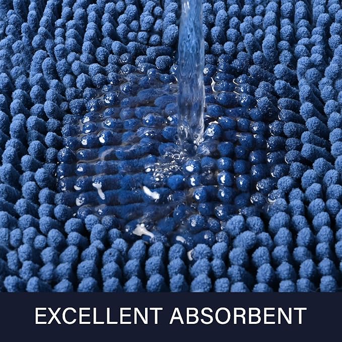 LOCHAS Luxury Bathroom Rug Shaggy Bath Mat 24 x 44 Inch, Washable Non Slip Bath Rugs for Bathroom Shower, Soft Plush Chenille Absorbent Carpets Mats, Blue