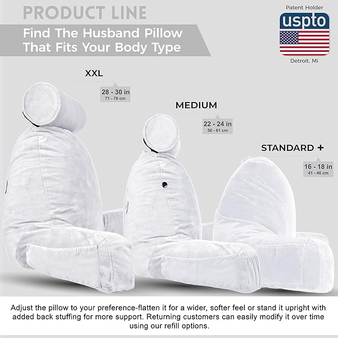 Husband Pillow XXL – Reading Pillow Bed Chair with Arms & Back Support – White - Back Pillow for Beds Sitting Up – Bed Rest Arm Pillow – Comfy Reading Pillow for Adults