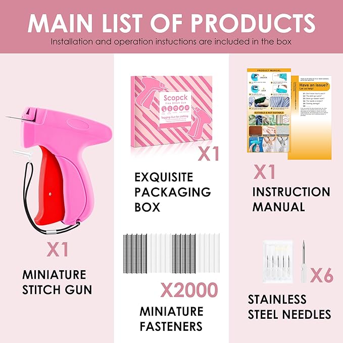 Stitch Gun for Clothes - Handheld Stitch Tag Gun Quick Clothing Fixer - Mini Sewing Kit Micro Tagging Gun - Includes 6 Needle, 1000 Black Fasteners & 1000 White Fasteners (Pink-Red)