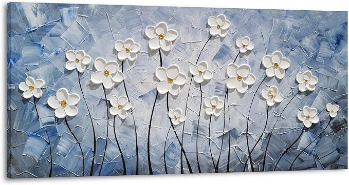 YHSKY ARTS 3D Hand - Painted White Floral Wall Art with Printed Blue Background, Textured Flower Decor for Home