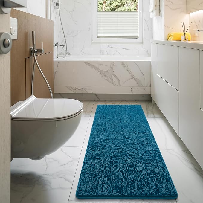 LOCHAS Luxury Bathroom Rug Shaggy Bath Mat 24 x 70 Inch, Washable Non Slip Bath Rugs for Bathroom Shower, Soft Plush Chenille Absorbent Carpets Mats, Peacock Blue